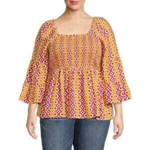 Terra & Sky Yellow Purple Geo Print Smocked Babydoll Top Size 0X 14W